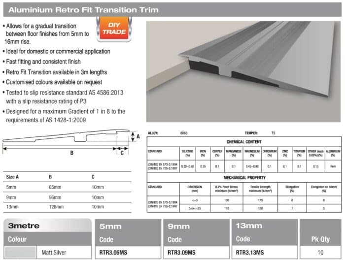 Aluminum Retro Fit Transition Matt Silver 3m( 9-12mm)