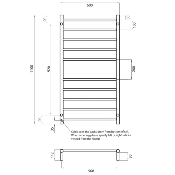 ROUND 600 x 1100mm Heated Towel Ladder, 6 Colour Options. - Image 2