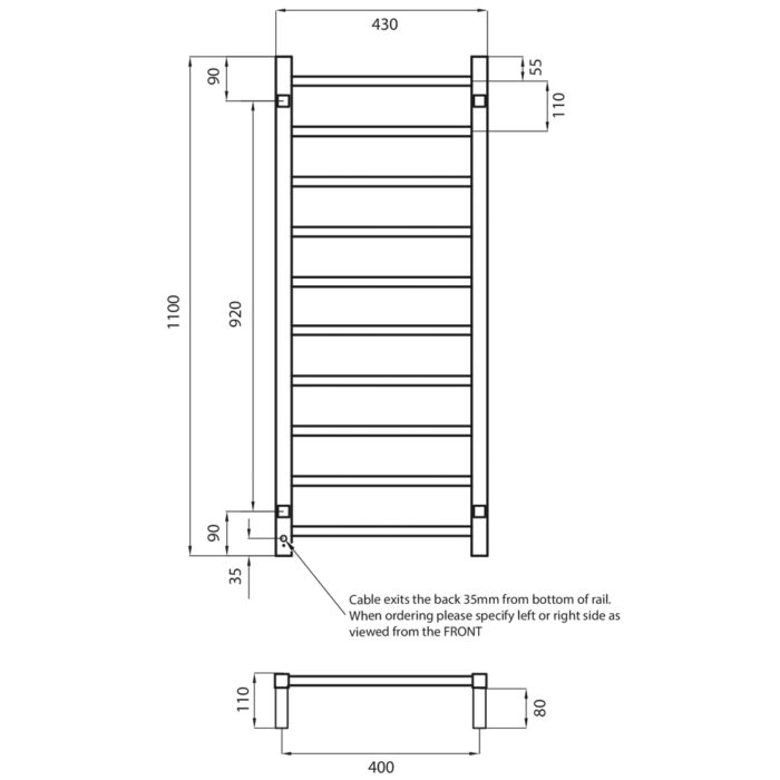SQUARE 430 x 1100mm Heated Towel Ladder, 2 x Colour Options - Image 2