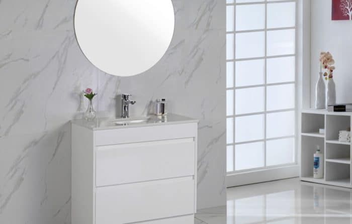 Leona Gloss White All Drawer Floor Standing, Including Flat Stone Top.