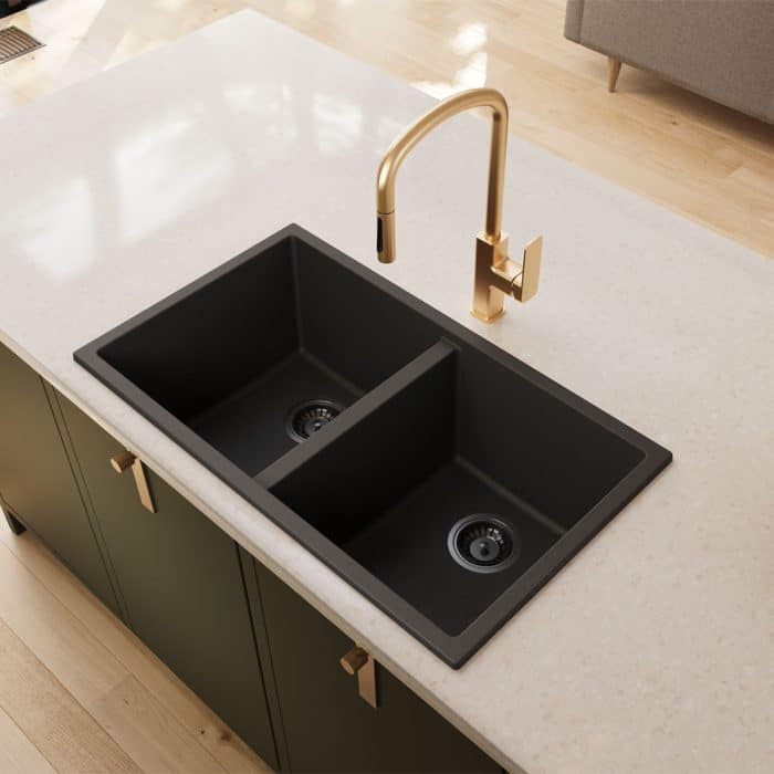 Kuro Granite 34L/34L Double Bowl Kitchen Sink, Matt Black - Image 4