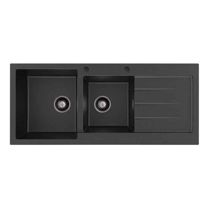 Kuro Granite 32L/22L Double Kitchen Sink with Drainer, Matt Black - Image 6