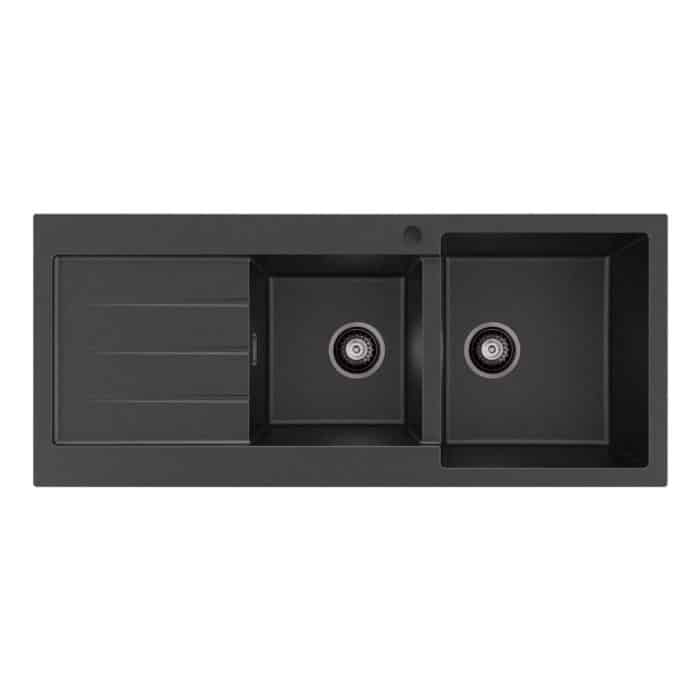 Kuro Granite 32L/22L Double Kitchen Sink with Drainer, Matt Black - Image 5
