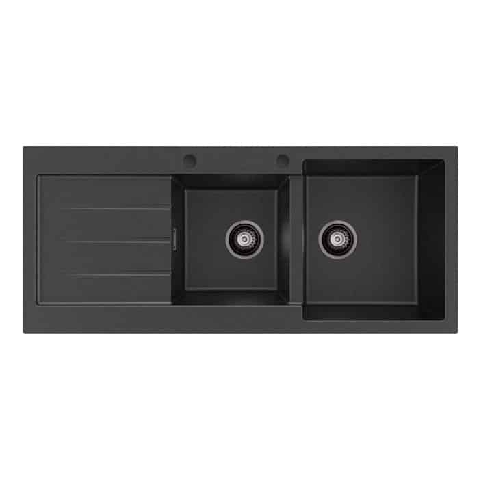 Kuro Granite 32L/22L Double Kitchen Sink with Drainer, Matt Black - Image 7
