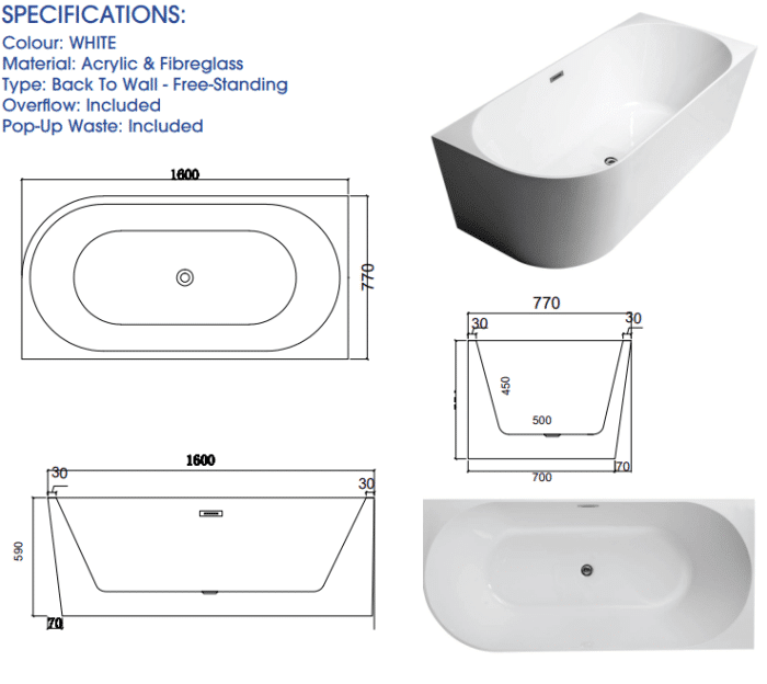 Madrid Back to Wall Corner Bath 1600mm - Image 3