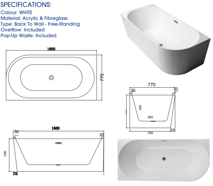 Madrid Back to Wall Corner Bath 1600mm - Image 2