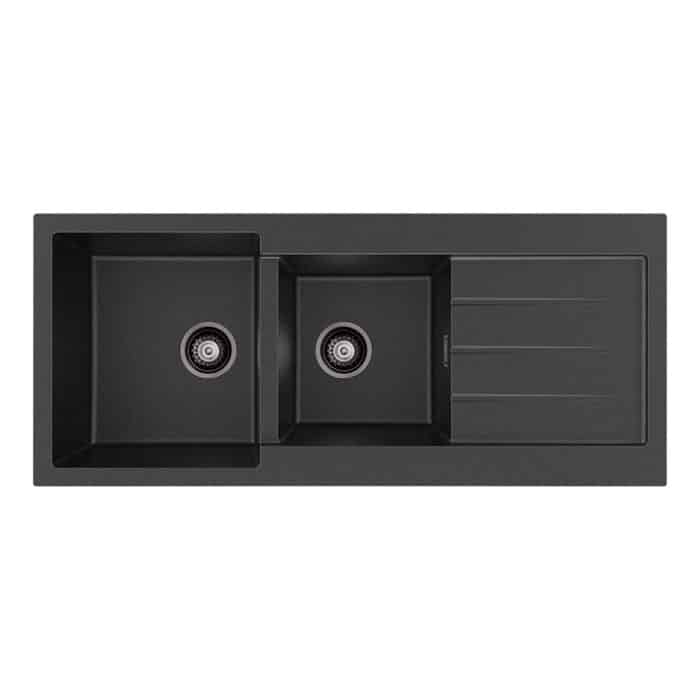 Kuro Granite 32L/22L Double Kitchen Sink with Drainer, Matt Black